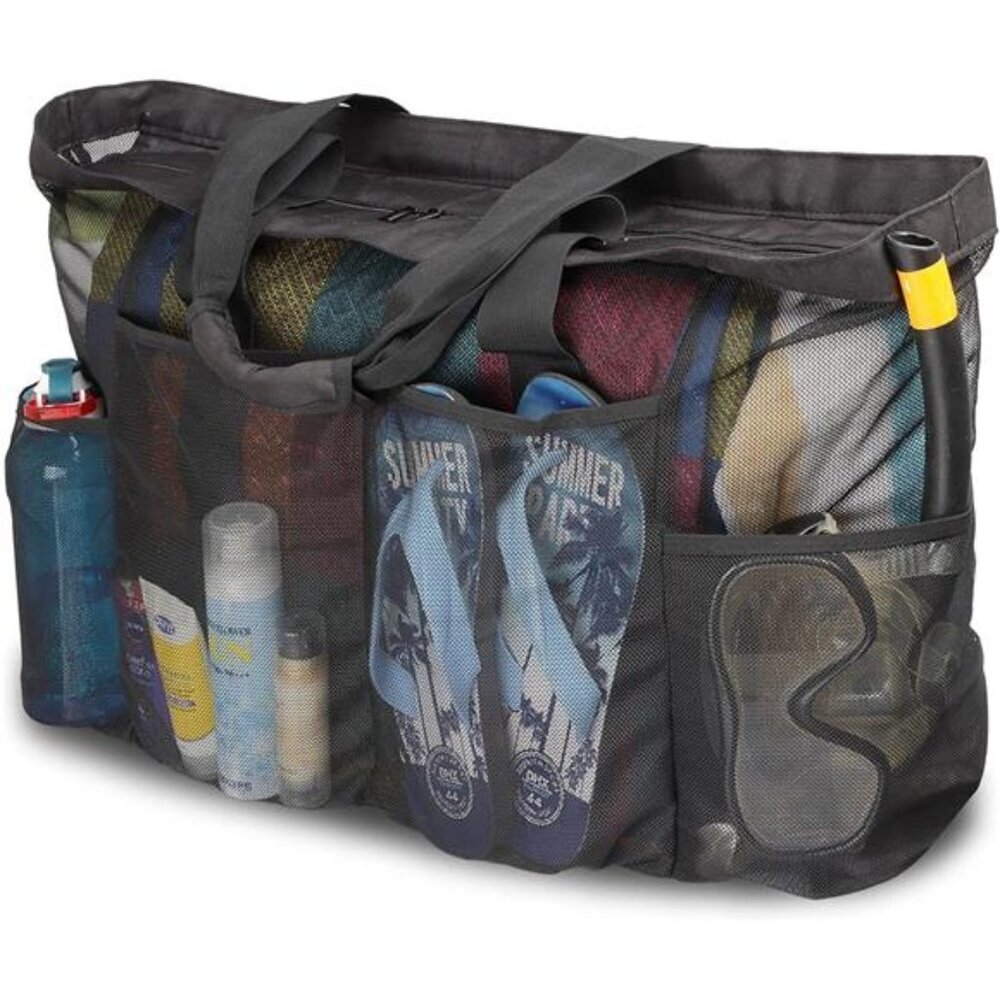 Extra Large Beach Bag,XL Mesh Tote with Zipper and Pockets Ideal for Your Family